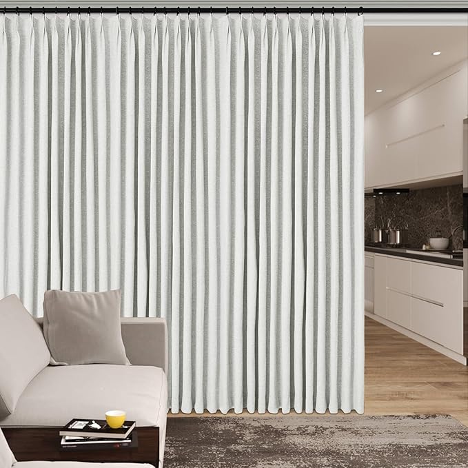 120" Wx108 L Linen Room Divider Drapes for Doorway/Glass Window/Sliding Door/Patio, Extra Wide Pinch Pleated Full Blackout Curtains for Girls Boys Teen Kids Room, 1 Panel, Greyish White