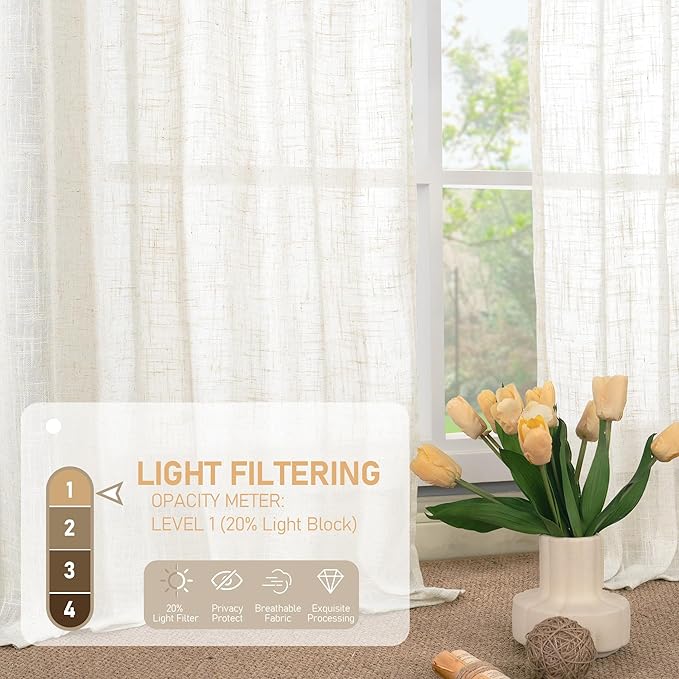 LAMIT Living Room Linen Curtains 95 Inch for Bedroom, Bronze Grommet Linen Textured Sheer Curtains Light Filtering Burlap Panels for Farmhouse, 2 Panels, 52 x 95 Inch, Cream