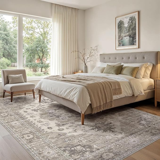 Washable Area Rugs for Living Room - 7x9 Neutral Vintage Distressed Floral Farmhouse Boho Large Soft Floor Rug Indoor Non Slip Carpet for Living Room Bedroom Dining Room Office -Brown/Beige