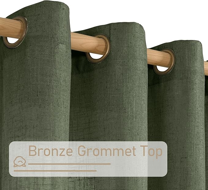 LAMIT Small Linen Curtains 30 Inch Length, Semi Sheer Short Window Curtains Light Filtering Christmas Panels with Bronze Grommet for Basement, Olive Green, 2 Panels, 34 x 30 Inch