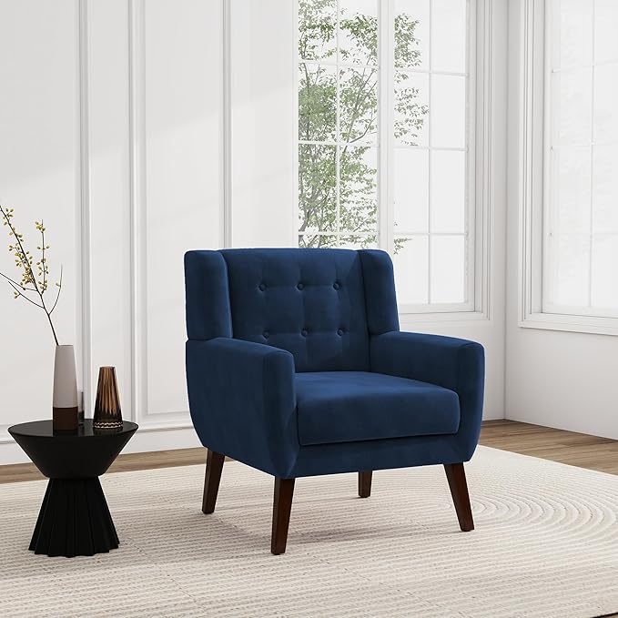 UIXE Accent Chair, Velvet Upholstered Armchair for Living Room, Modern Club Arm Chairs Comfy Single Sofa Button Tufted Bedroom Reading Seat - Royal Blue, Set of 1