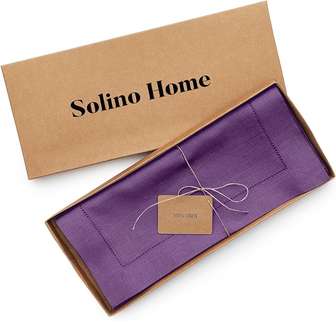 Solino Home Linen Purple Table Runner 36 Inches - Classic Hemstitch, 100% Pure Linen Coffee Table Runner 14 x 36 Inch Ideal for Dresser Tables - Fall, Autumn, Halloween, Thanksgiving