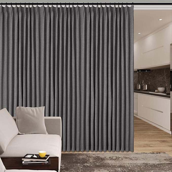 Natural Grey Pinch Pleat 100% Blackout Drapes Linen Blend, Room Divider, Room Darkening, Energy Saving, Furniture Protecting, Light Blocking Extra Wide Privacy Curtains, 240Wx84L, 1 PC