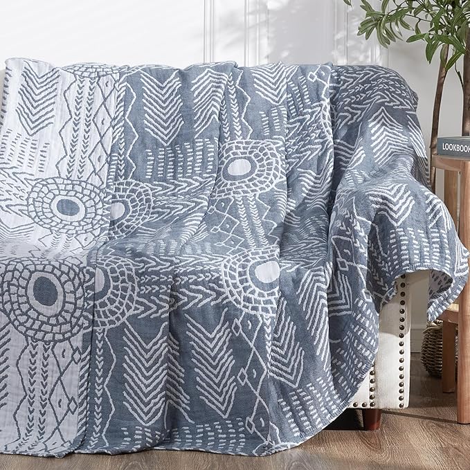 jinchan Boho 100% Cotton Muslin 50x60 Throw Blanket Lightweight 3-Layer Blue Blanket Washable Reversible Breathable Decorative Geometric Striped Patterned Soft Cozy for Sofa Bed All Season Gift