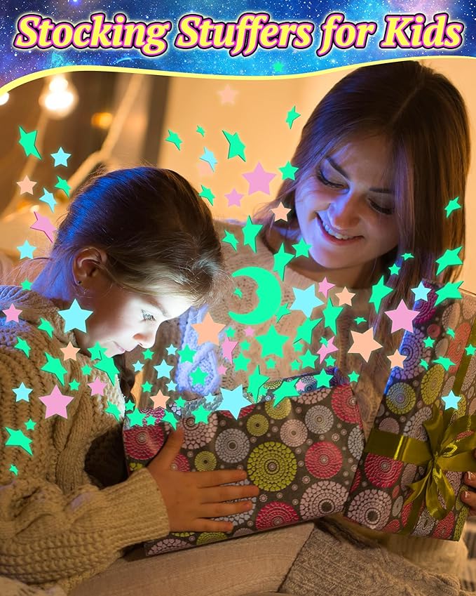 201 Pcs Glow in The Dark Stars Stickers for Ceiling, Toddler Stocking Stuffers Wall Room Decor Gifts, Luminous 3D Glowing Stars Easter Basket Stuffers for Kids Boys Girls