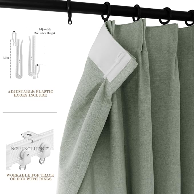 120" Wx96 L Linen Room Divider Drapes for Doorway/Glass Window/Sliding Door/Patio, Extra Wide Pinch Pleated Full Blackout Curtains for Girls Boys Teen Kids Room, 1 Panel, Fog Green