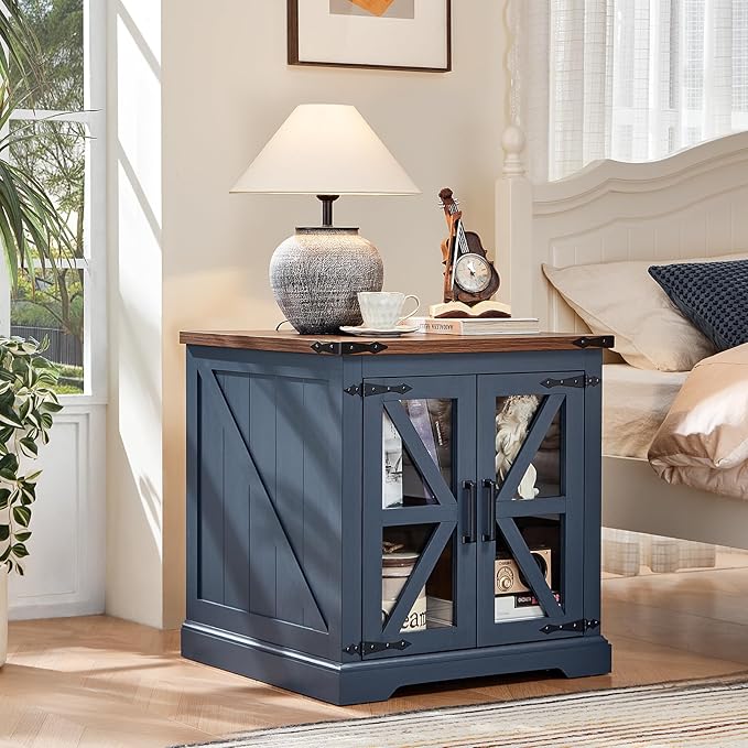 Farmhouse End Table Set of 2 with Charging Station, 24" Large Sofa Side Table with Glass Barn Door, Night Stand with Adjustable Shelf, Wood Nightstand, Square Bed Side Table for Living Room,Bedroom