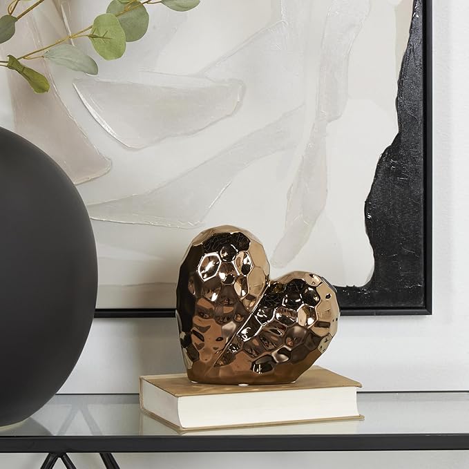 Deco 79 Ceramic Heart Decorative Sculpture Dimensional Angled Origami Inspired Home Decor Statue with Faceted Exterior, Accent Figurine 8" x 3" x 8", Rose Gold