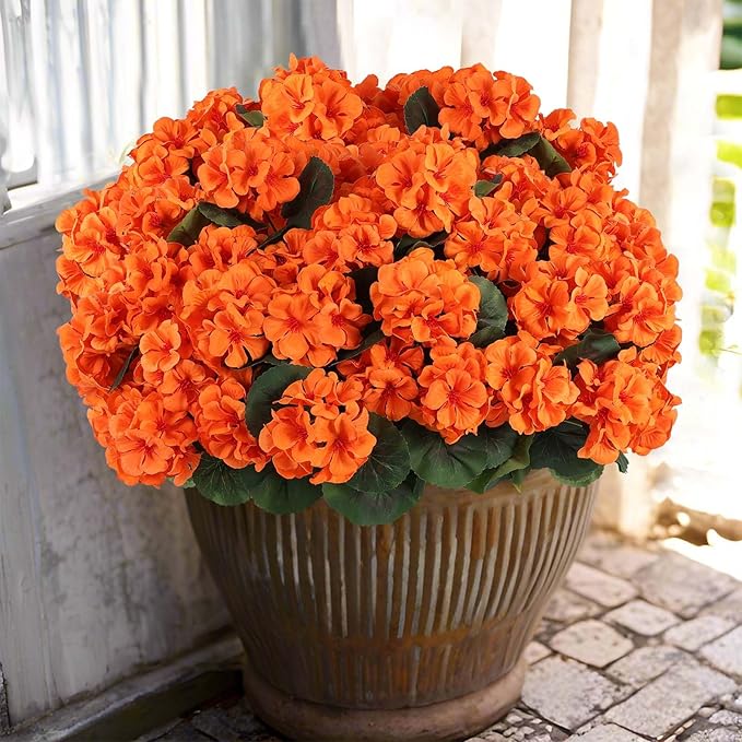 Hananona 6 Bundles Artificial Geranium Flowers for Outdoors Orange Silk Geranium Flowers Outdoor UV Resistant Plants Faux Fall Flower for Home Kitchen Autumn Table Centerpieces Decor (6, Orange)