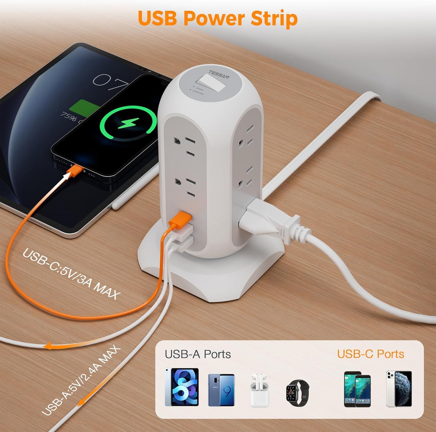 Surge Protector Power Strip Tower 10 Ft, TESSAN Flat Plug Extension Cord with 11 AC Outlets 3 USB Ports (1 USB C), 1050J Protection Charging Station for Home, Office Supplies, Dorm Room Essentials