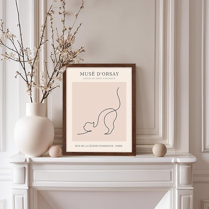 Poster Master Vintage Poster - Retro One Line Cat Drawing Print - Cat Art - Minimal Gift for Men, Women, Animal Lover - Abstract Wall Decor for Home, Office, Bedroom, 11x14 Brown Framed