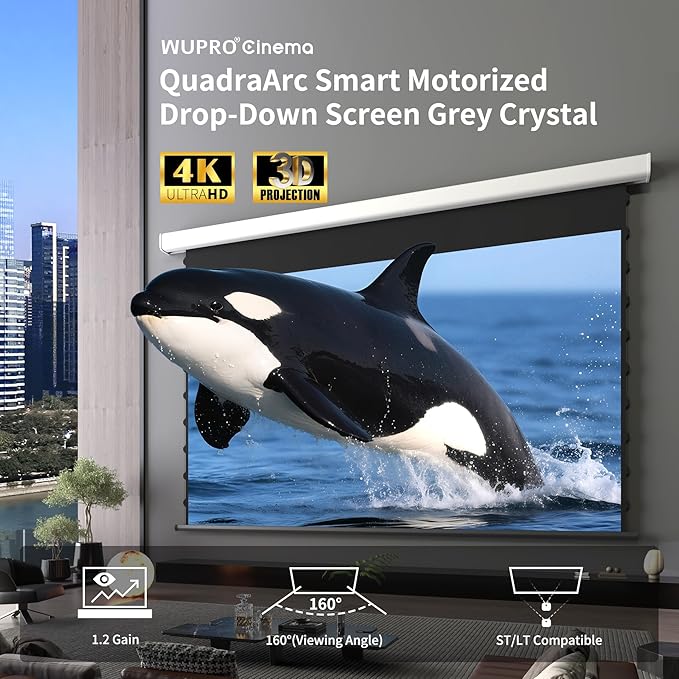 QuadraArc Motorized Projector Screen, Gray Crystal 4K Electric Drop Down Screen, Wall & Ceiling Mount, Compatible with ST/LT Projectors up to 1600 ANSI Lumens 72"