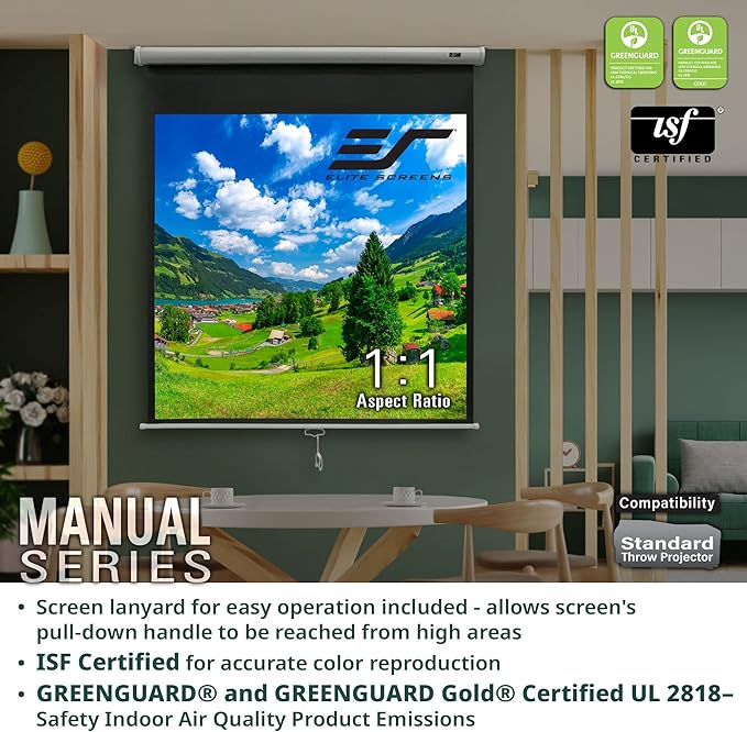 Elite Screens Manual Series, 71-INCH 1:1, Pull Down Manual Projector Screen with AUTO LOCK, Movie Home Theater 8K / 4K Ultra HD 3D Ready, 2-YEAR WARRANTY, M71XWS1