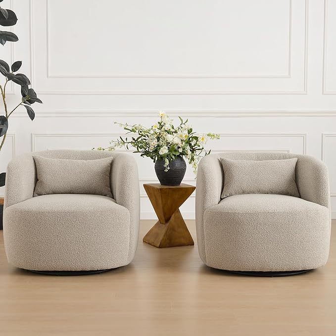 KINWELL 34" Wide Sherpa Swivel Barrel Chairs Set of 2, No Assembly Round Boucle Upholstered Accent Chairs Armchairs Single Sofa Chair with Toss Pillow for Living Room and Bedroom, Taupe