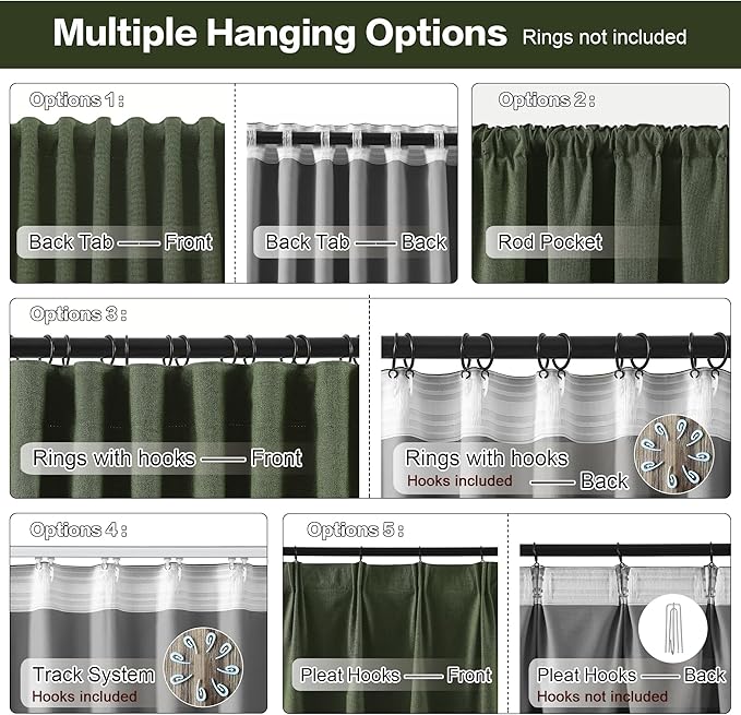 RAIN CITY Extra Wide Linen Blackout Curtains & Drapes with Hooks 70 in Width for 60&72 Inch Window 2 Panels,Back Tab Pleated Curtains for Track System Sliding Glass Door 70x108,Loden Olive Green