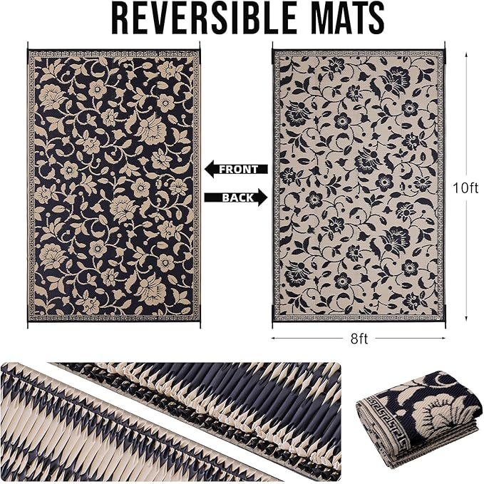 OLANLY Waterproof Outdoor Rug 8x10 ft, Outdoor Plastic Straw Rug with Flower Pattern, Reversible RV Mat for Patio, Camping, Balcony, Deck, Backyard, Black & Beige