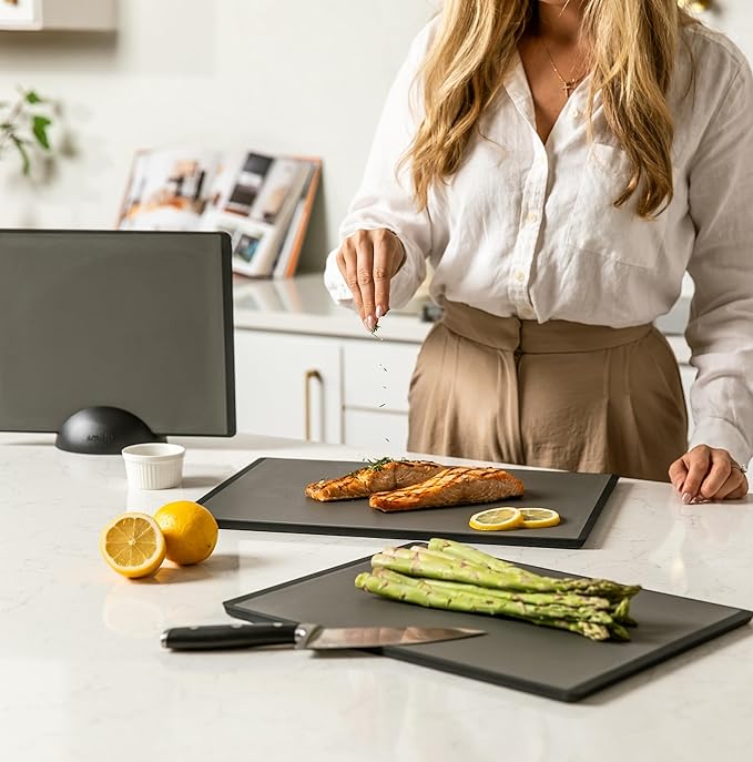 SMIRLY Plastic Cutting Board Set with Holder 4 Pieces, Non-Slip Dishwasher Safe Chopping Boards for Kitchen, Dark Grey