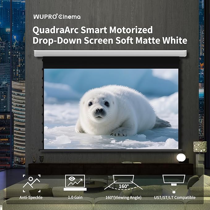 QuadraArc Motorized Drop Down Projector Screen 16:9 White Matt, Wall & Ceiling Mount, Electric Pull Down Screen with Remote Control, Compatible with All Projectors 100"