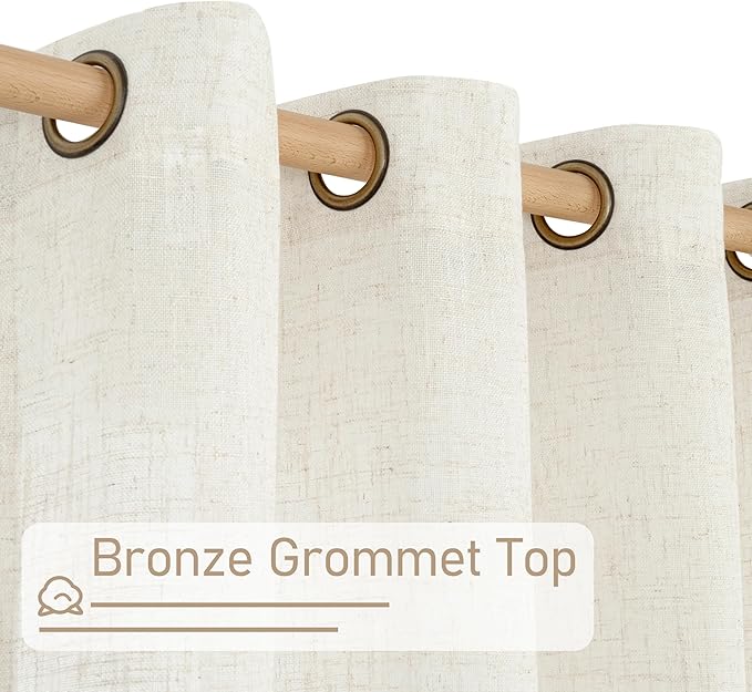 LAMIT Linen Semi Sheer Curtains 45 Inch Length, Cream Light Filtering Short Linen Neutral Decorative Window Curtains with Bronze Grommet for Bedroom/Farmhouse, 2 Panels Set, 52 x 45 Inch