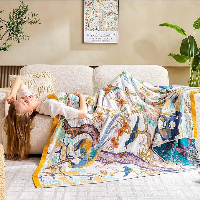 Fall Throw Blanket for Couch, Yellow Boho Decorative Throw Blanket, 100% Cotton Muslin Breathable Woven Farmhouse Blankets Quilt, 50"x60" Reversible Lightweight Blankets Bohemian Throw Quilt