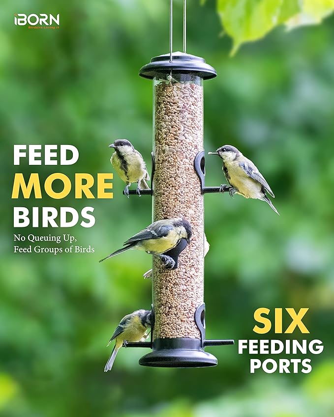 iBorn Metal Bird Feeder Hanging Wild Bird Seed Feeder for Mix Seed Blends Heavy Duty All Metal Black Finish,14 Inch 6 Port,Pack of 2