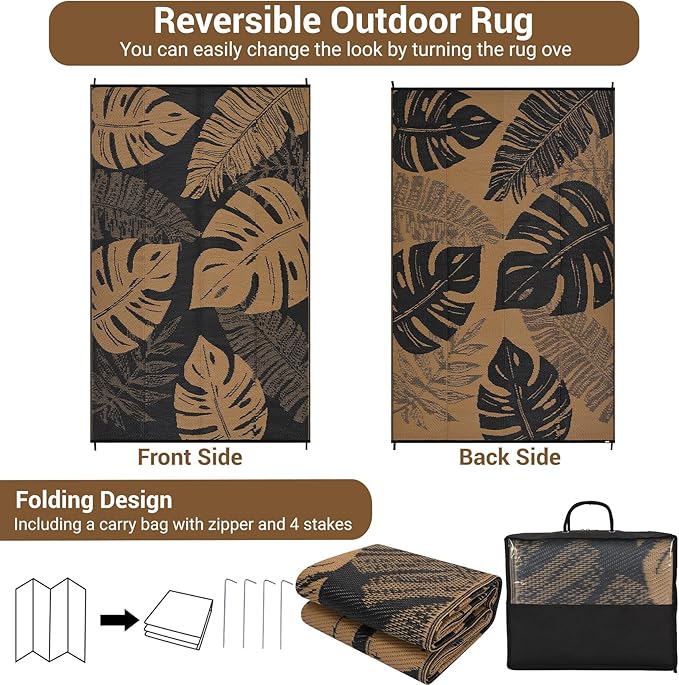 GAOMON Outdoor Patio Rug 9x18 Waterproof Outdoor Plastic Straw Rug Reversible Camping Mat, Foldable Portable RV Picnic Carpet with Bag & 4 Stakes, UV Resistant Outside Carpet for Deck Balcony, Brown