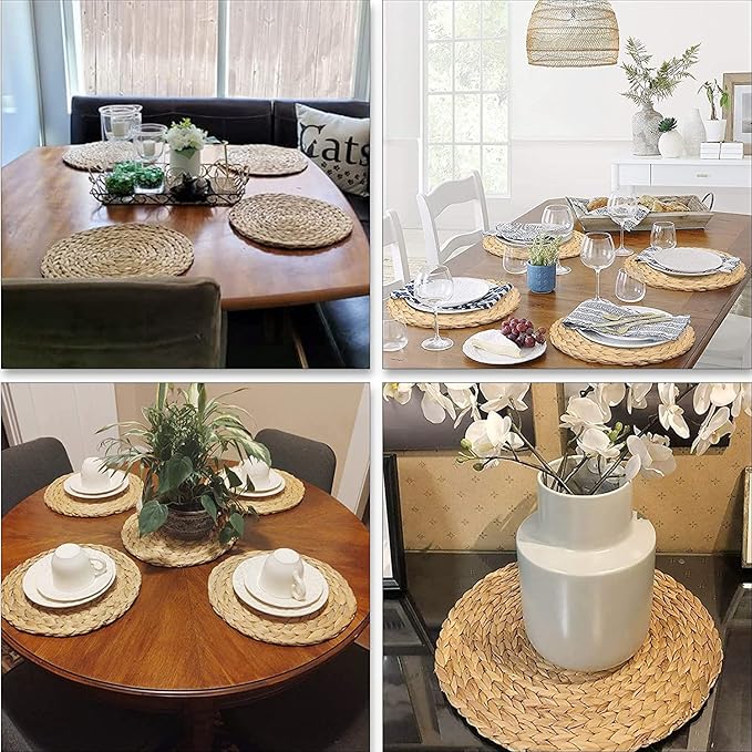 Defined Deco Woven Placemats Set of 4,12" Round Rattan Placemats,Natural Hand-Woven Water Hyacinth Placemats,Farmhouse Weave Place Mats,Rustic Braided Wicker Table Mats for Dining Table,Home,Wedding.
