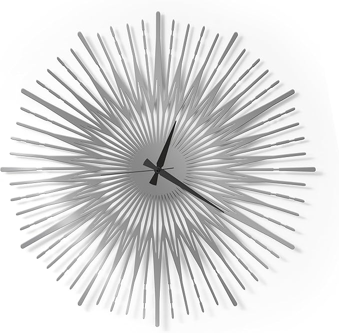 Sun Rays Wall Clock, Large Metal Decorative Wall Clock, Modern Minimalist Wall Decor (Silver, Large)