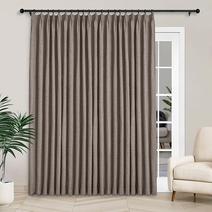 Macochico 120”Wx102”L 100% Blackout Linen Curtains Pinch Pleated Thermal Panels for Sliding Door Bedroom Living Room Farmhouse Shabby Chic Light Coffee Burlap Curtains with Tieback 1 Panel