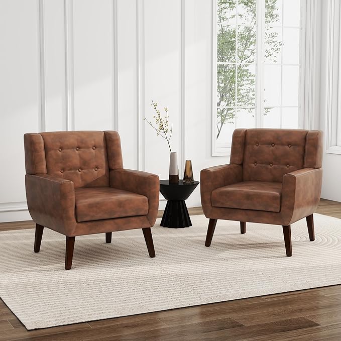 UIXE Faux Leather Accent Chair, Morden Upholstered Armchair for Living Room, Button Tufted Arm Chair Comfy Single Sofa Bedroom Side Reading Seat - Coffee