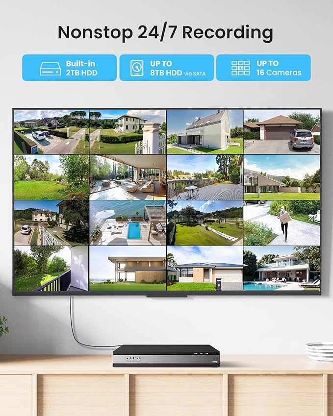 ZOSI H.265+ 1080p 16 Channel Home Security Camera Outdoor Indoor, 16CH CCTV DVR with AI Human Vehicle Detection and 12 x 1080p Surveillance Bullet Camera, 100ft Night Vision, 90° View Angle, 2TB HDD