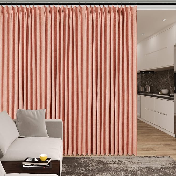 Extra Wide 100% Blackout Linen Textured Curtains - Room Dividers, W200 x L84 (1 Panel), Pinch Pleat Drapes for Living Room, Full Light Block Out Drapery for Sliding Door, Orange