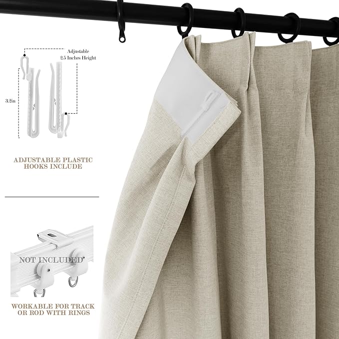 70" W x 108" L Faux Linen Room Divider Curtains, Full Blackout Pinch Pleated Drapes for Traverse Rod, Bedroom Divider Privacy Drapery with Hooks for Ceiling Track, 1 Panel, Ivory White