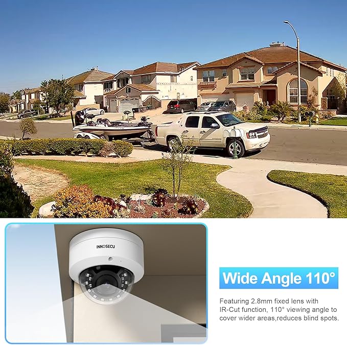 AI 8MP PoE Camera, Vandal-Proof Dome IP Security Camera Outdoor, Human and Vehicle Detection, Night Vision 100ft, 2.8mm Lens Wide Angle 110°, Built-in Mic, No PT Supported. IND8BR54A (White)