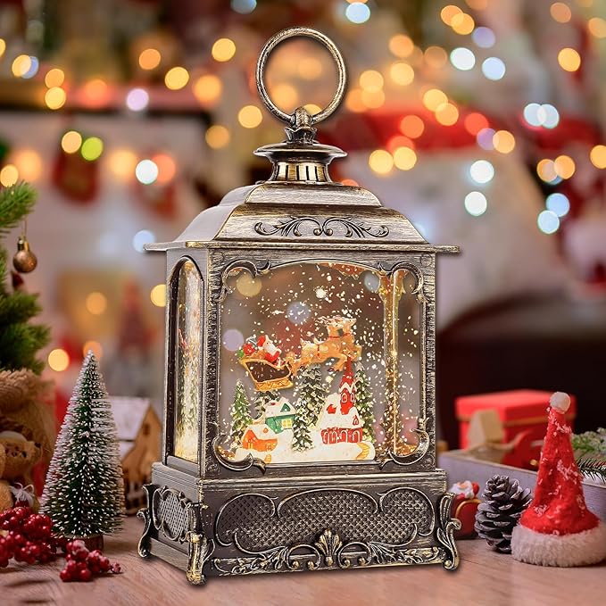 Christmas Snow Globes,Christmas Decorations for Home,with 6 Hour Timer,Musical Snow Globe,Battery Or USB Powered,Christmas Lantern,Christmas Festival Decor, Reindeer Vehicle