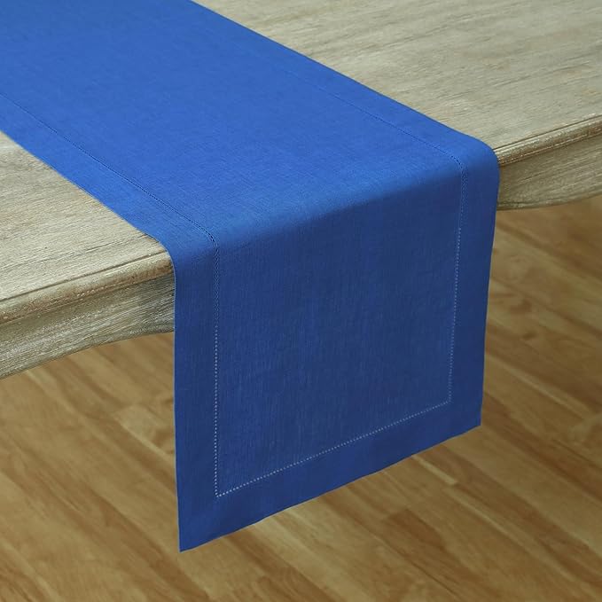 Solino Home Linen Royal Blue Table Runner 120 Inches Long - 100% Pure Linen 14 x 120 Inch Table Runner - Classic Hemstitch