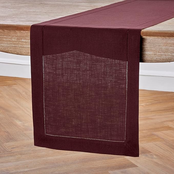 Solino Home Linen Burgundy Table Runner 144 Inches Long - 100% Pure Linen Extra Long Table Runner 14 x 144 Inch for Fall, Autumn, Thanksgiving - Classic Hemstitch