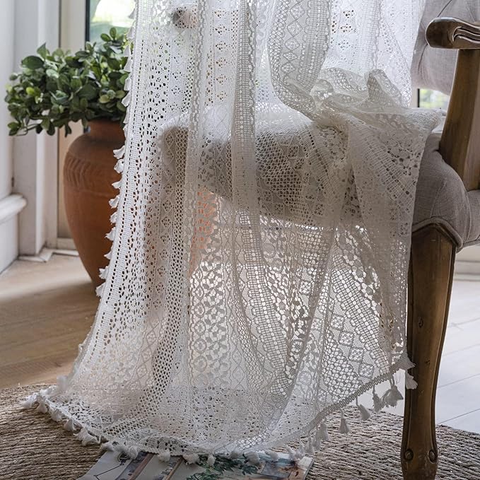 Sutuo Home White Boho Curtains Crochet Lace Semi-Sheer Bohemian Hollow Knitted Handmade Tassels, Rod Pocket Window Treatment Vintage Rustic Farmhouse Drapes for Glass Slide Door, 1 Panel 59" W x 90" L