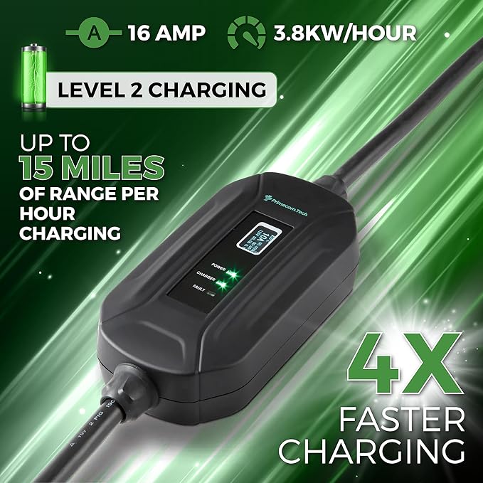 PRIMECOM Level 2 Electric Vehicle (EV) Charger (220V / 240Volt, 16Amp) Portable EVSE Smart Electric Car Charger, 30', 40', and 50 Feet Lengths (European, 30 Feet)