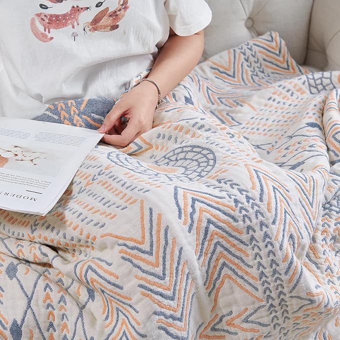 jinchan Boho 100% Cotton Muslin Queen Size 80x90 Throw Blanket Lightweight 4-Layer Orange Reversible Blanket Washable Breathable Geometric Striped Pattern Soft Comfy for Couch Bed Decor All Seasons