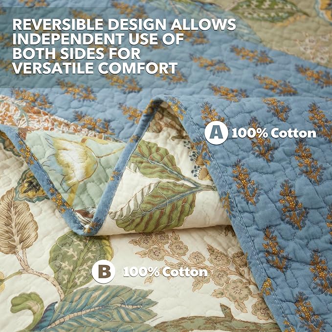 NEWLAKE Quilt Set California King Size, 100% Cotton Patchwork Green Bohemian Quilt Sets, Reversible Bedspread Lightweight and Breathable for All Seasons, Soft Quilted Bedspread with 2 Pillow Shams