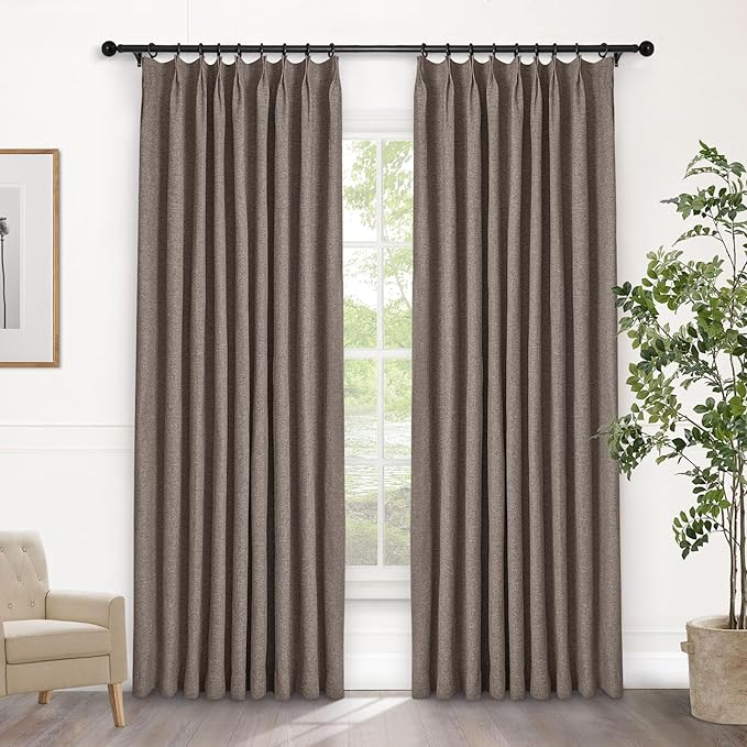 Macochico Pinch Pleated Blackout Linen Curtains 96 Inches Long 100% Light Blocking Burlap Curtains for Bedroom Living Room Thermal Window Panels with Tieback 72”Wx96”L Light Coffee 1 Panel