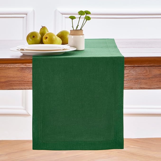 Solino Home Linen Table Runner 48 Inches - 100% Pure Linen Pine Green Table Runner 14 x 48 Inch Ideal for Dresser and Coffee Tables - Fall, Autumn, Thanksgiving - Fete