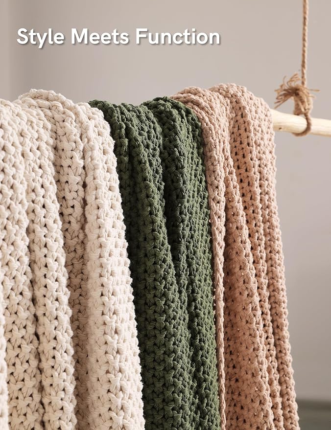 YnM Chunky Cotton Knit Throw Blanket, Cable Knit Throws for Bed Couch Sofa, Comfy & Relaxing, Decorative Piece for Farmhouse Modern Boho Rustic Scandinavian Chic Vibe, Cream White 50x60 Inches