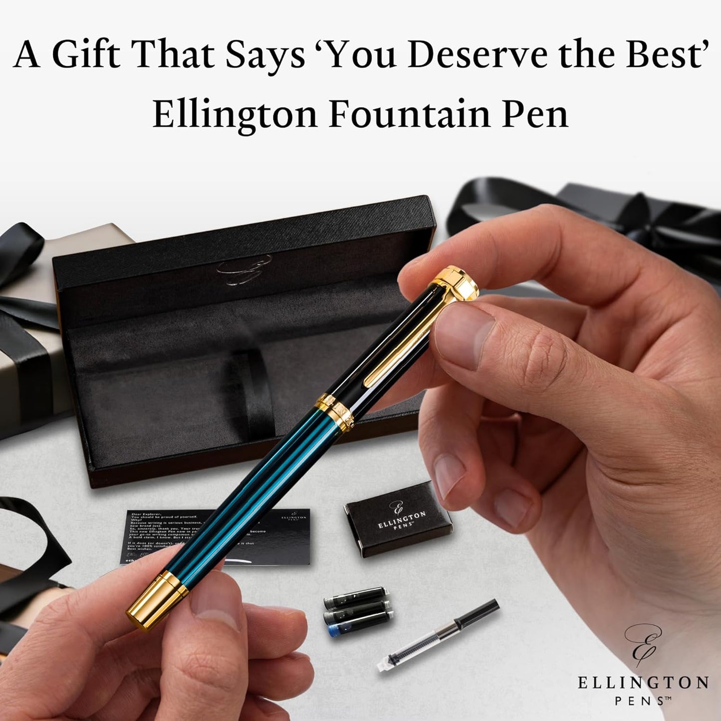 Luxury Fountain Pen Set- Fountain Pens for Writing - Smooth Medium Nib - Includes Refillable Ink Converter, 3 Ink Cartridges [Black & Blue], Gift Box - Elegant Calligraphy