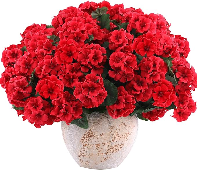 Hananona 12 Bundles Artificial Geranium Flowers for Outdoors Silk Geranium Flowers Outdoor UV Resistant Garden Plants Faux Flower for Home Kitchen Table Centerpieces Decor (12, Red)