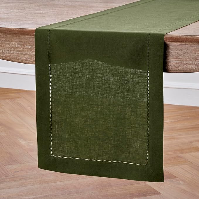 Solino Home Linen Table Runner 48 Inches - 100% Pure Linen Olive Hemstitch Table Runner 14 x 48 Inch Ideal for Dresser and Coffee Tables - Classic Hemstitch - Thanksgiving