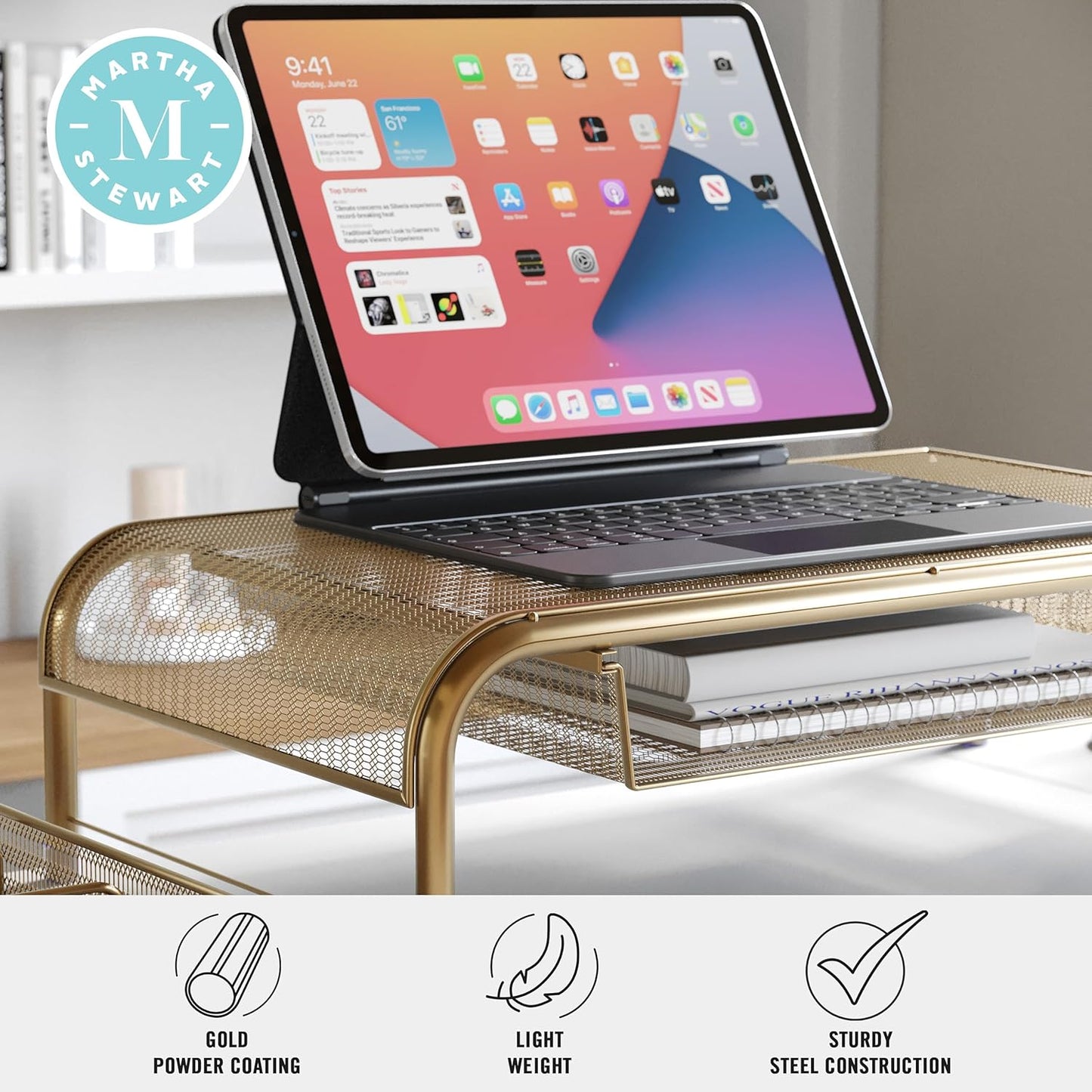 Martha Stewart Ryder Gold Mesh Metal Desktop Monitor Stand Riser with Organizer Drawer and Side Storage, 12.5 x 22.25 x 6.5 inches
