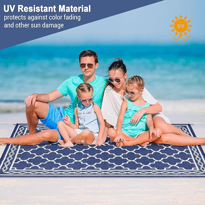 GAOMON Outdoor Plastic Straw Rug, 10'x14' Reversible Sage Green Patio Mat, Flower Modern Design for RV, Backyard, Deck, Camping, Picnic, Navy/White(Geometric)