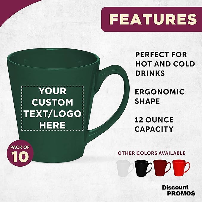 DISCOUNT PROMOS Custom Glossy Ceramic Latte Coffee Mug 12 oz. Set of 10, Personalized Bulk Pack - Perfect for Tea, Espresso, Cappuccino, Hot Cocoa - Green